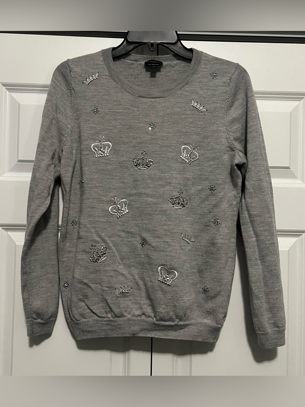 Talbots Gray Merino Wool Embellished Sweater